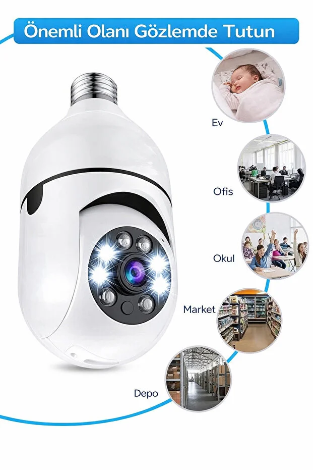 Gece Görüşlü 360 Derece Led Işık 1080p Wifi Kamera Kablosuz Panoramik Balıkgözü Ampul Kamera